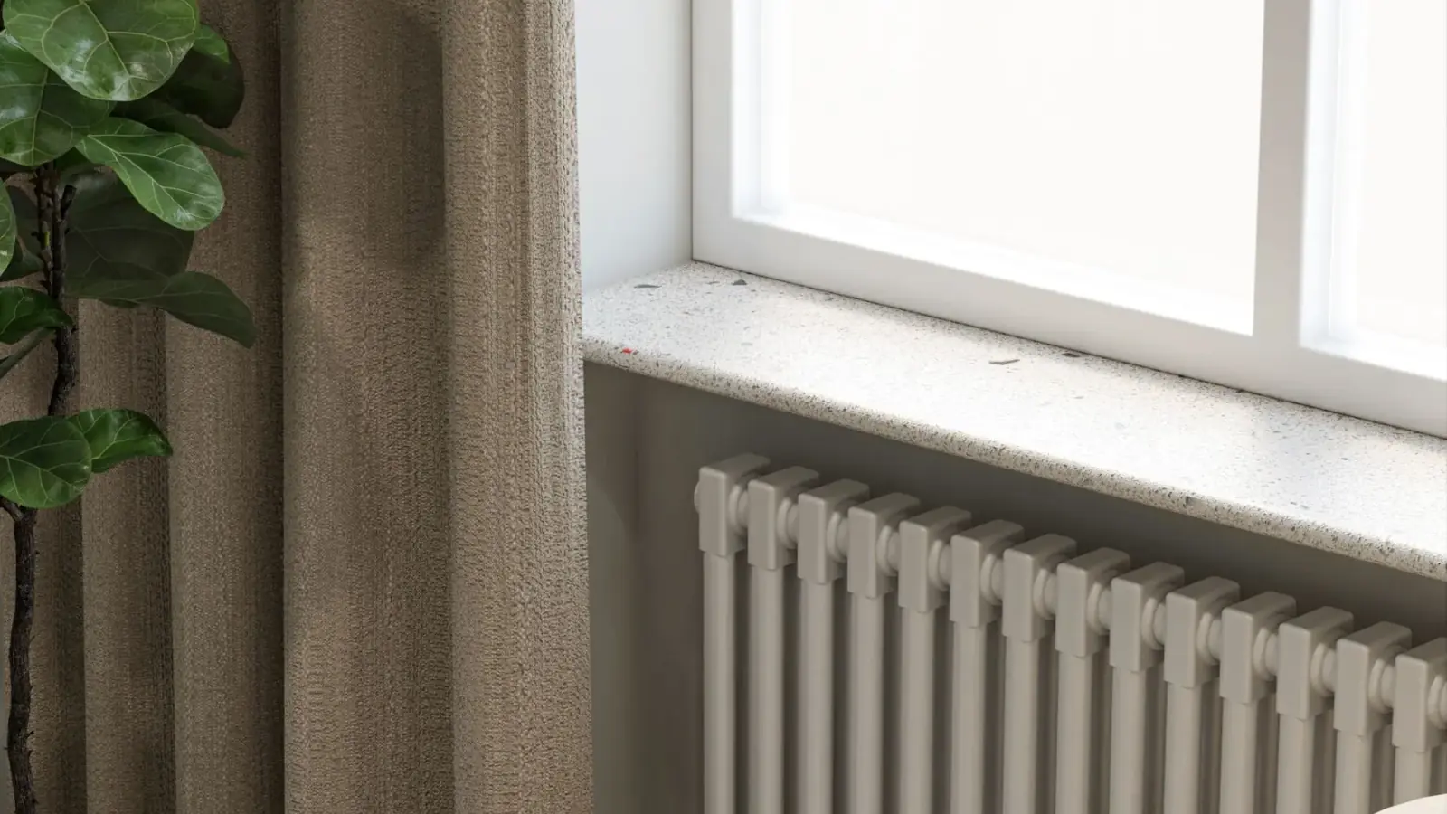 Moderner Heizkörper in einem ruhigen Wohnraum als Symbolbild für Wärmeversorgung